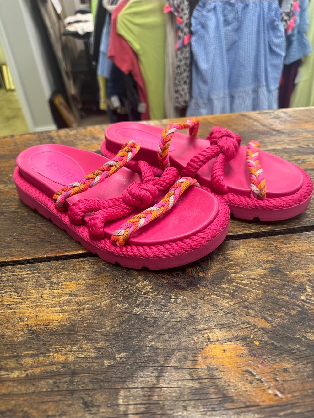 SCHUTZ Womens Hot Pink Braided Rope Slide Sandals